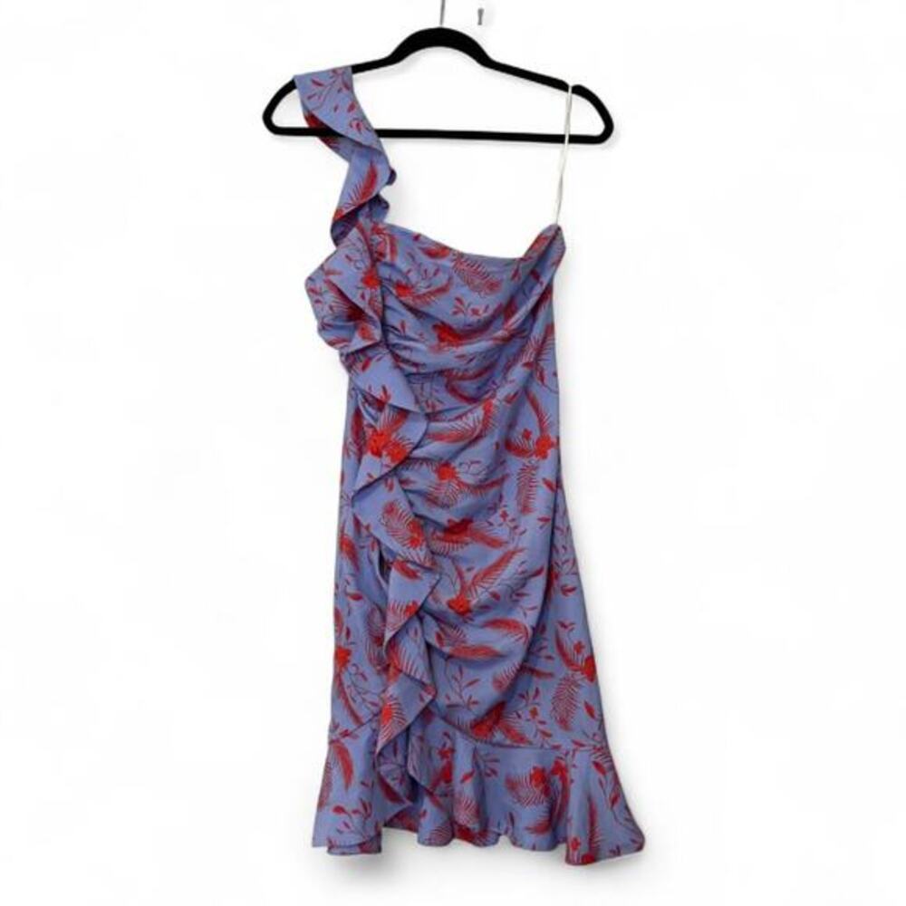 LIKELY One-Shoulder Ruffle Floral Dress Blue Red Knee Length Small